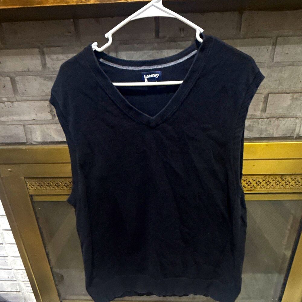 Lands' End Men's Black Cotton Knit V-Neck Pullover Sweater Vest Size L
